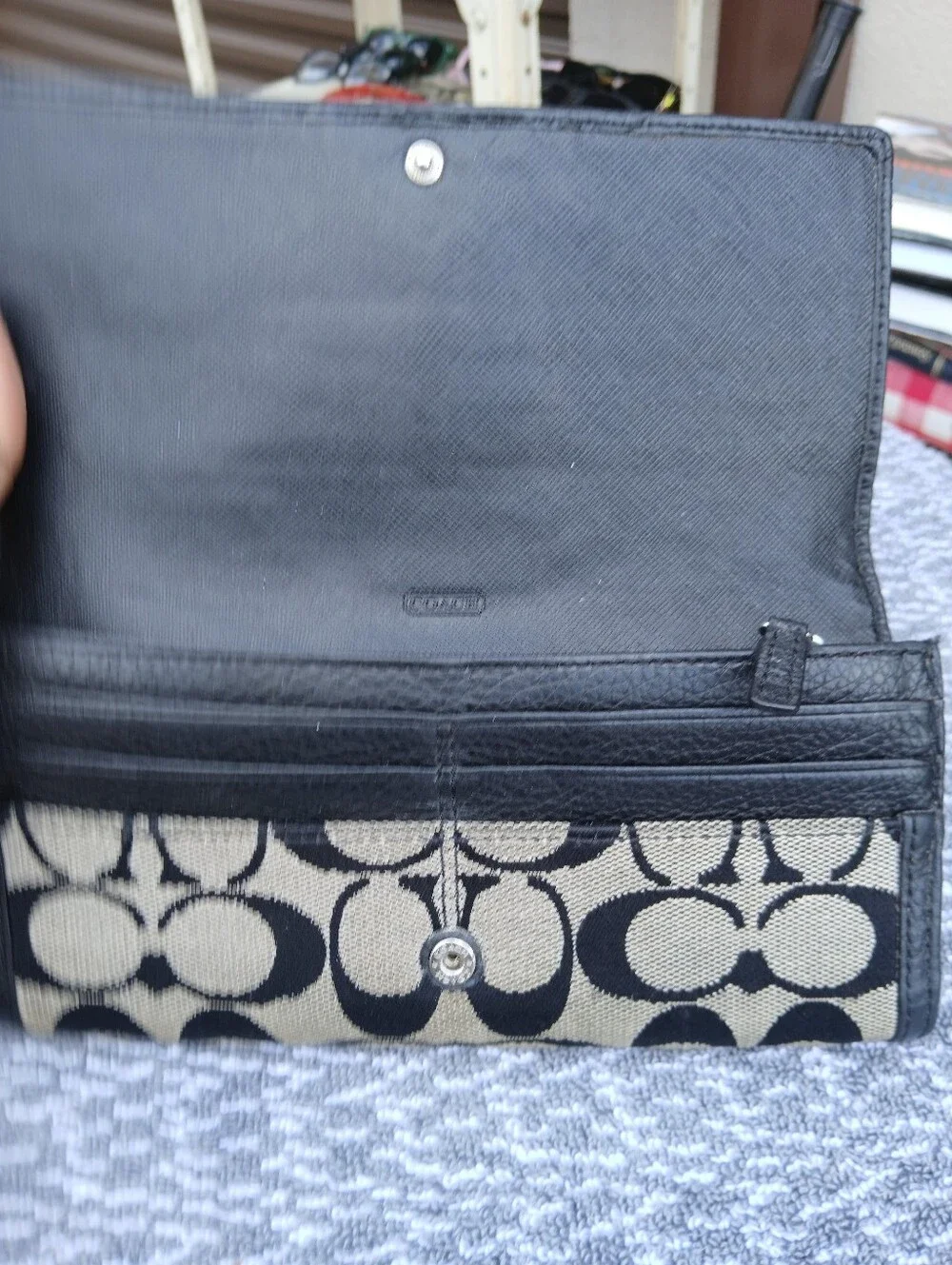 COACH Classic Signature Jacquard & Leather Long Flap Trifold Wallet